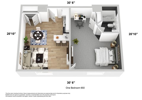 Floor plan for 1 bed, 1 bath, 650 sqft